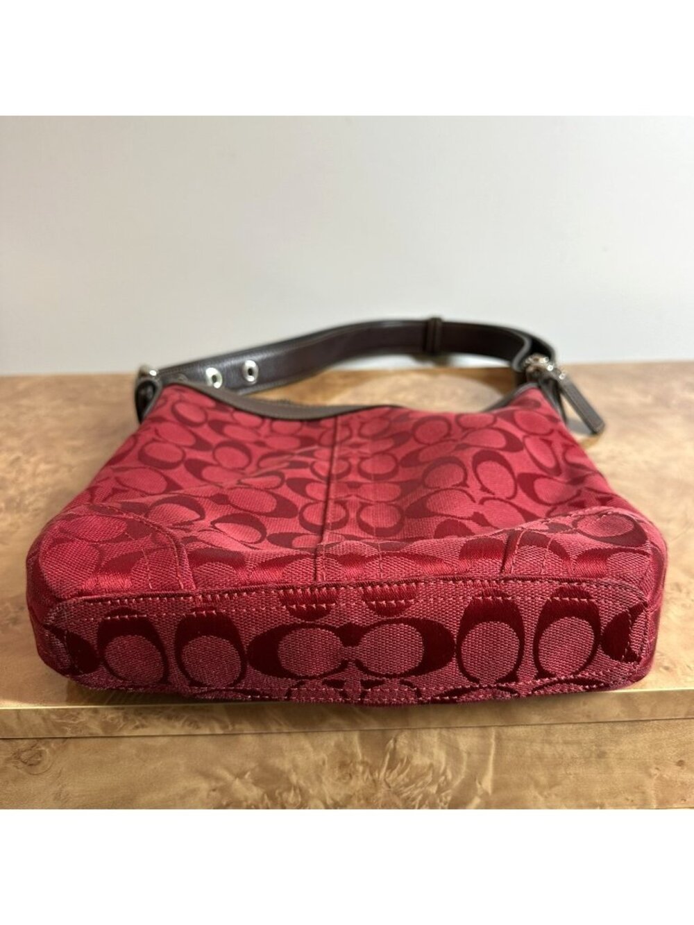 Coach Signature Jacquard Zip Top Shoulder Hobo Bag Red Brown F12362 - Picture 6 of 9